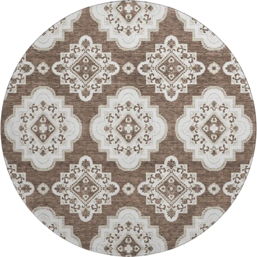 8' Brown And Beige Medallion Washable Round Rug With UV Protection Photo 1