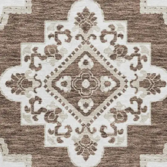 8' Brown And Beige Medallion Washable Round Rug With UV Protection Photo 4