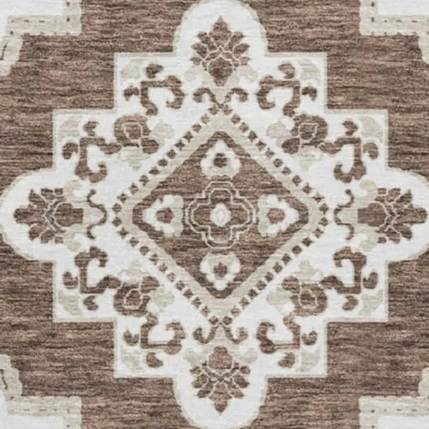 8' Brown And Beige Medallion Washable Round Rug With UV Protection Photo 4