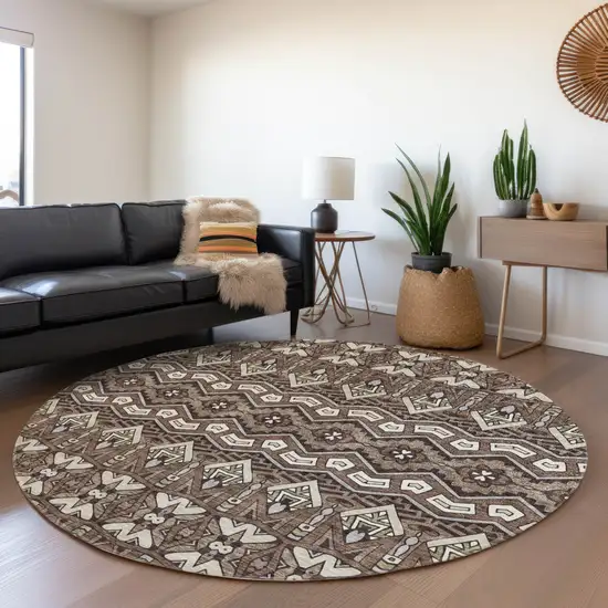 8' Brown And Beige Moroccan Washable Round Rug With UV Protection Photo 4