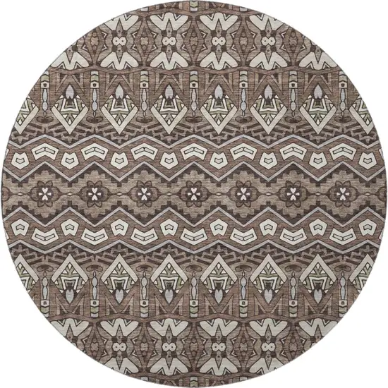 8' Brown And Beige Moroccan Washable Round Rug With UV Protection Photo 3