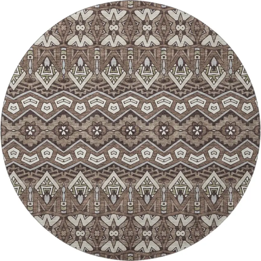 8' Brown And Beige Moroccan Washable Round Rug With UV Protection Photo 3