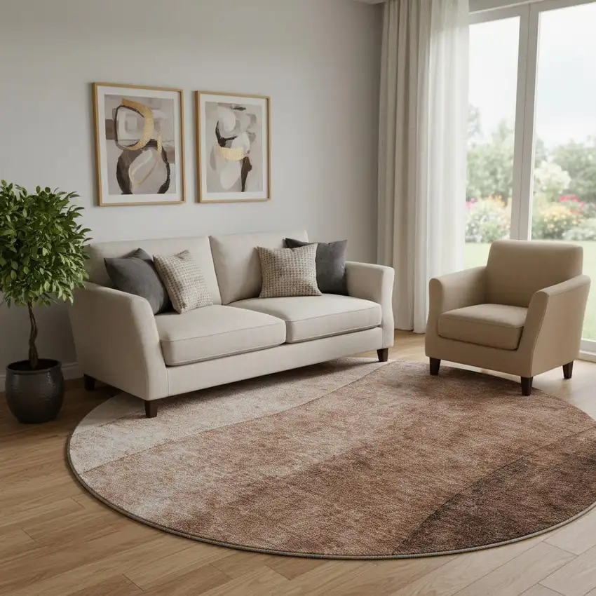 8' Brown And Beige Ombre Washable Round Rug With UV Protection Photo 1