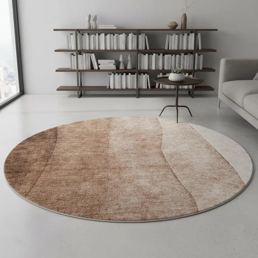 8' Brown And Beige Ombre Washable Round Rug With UV Protection Photo 2