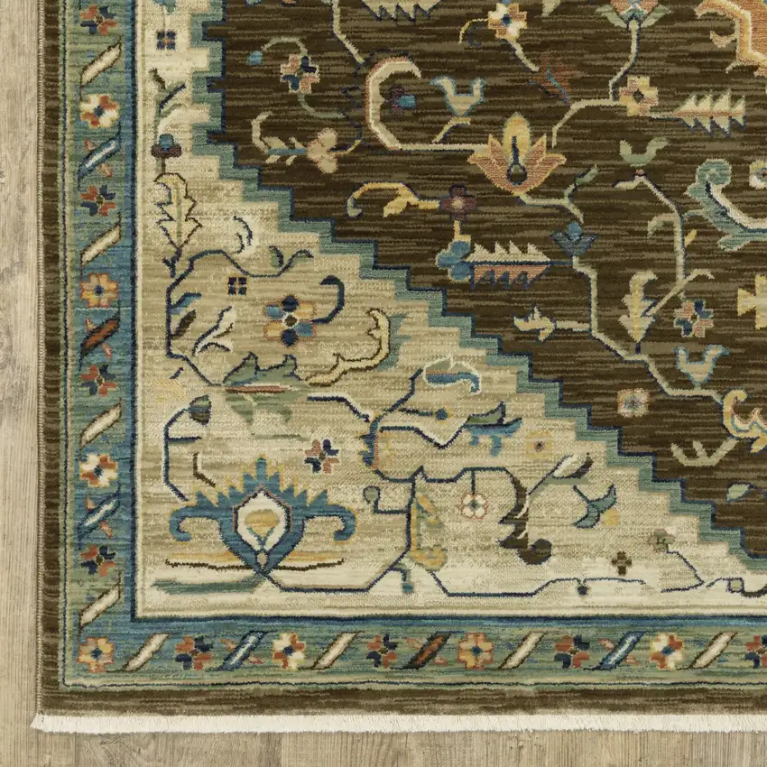 8' Brown And Beige Oriental Runner Rug With Fringe Photo 2