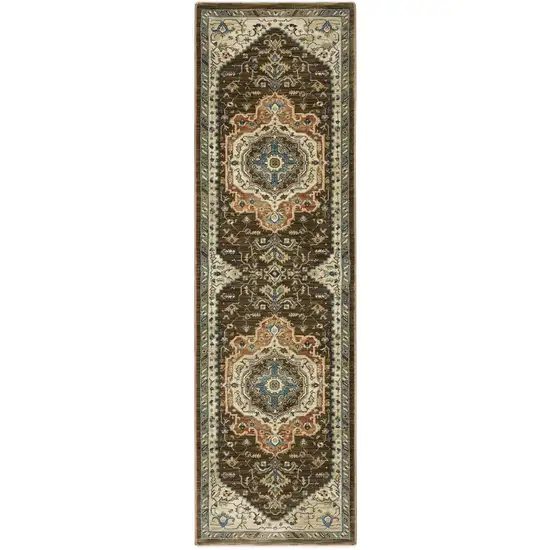 8' Brown And Beige Oriental Runner Rug With Fringe Photo 3