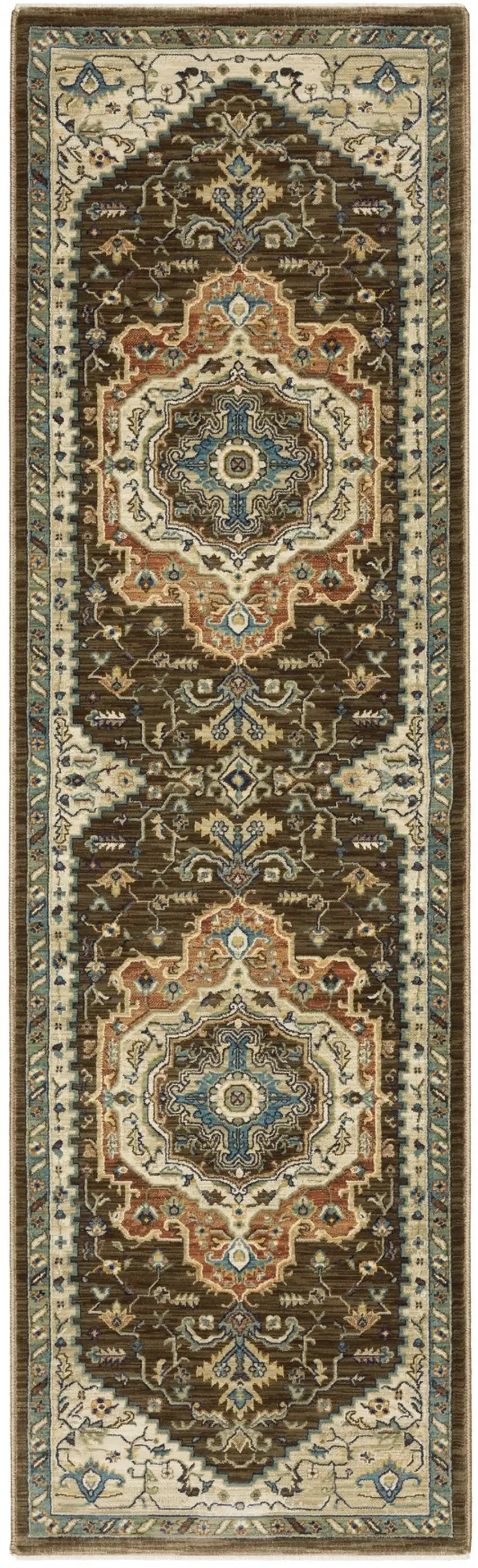 8' Brown And Beige Oriental Runner Rug With Fringe Photo 3