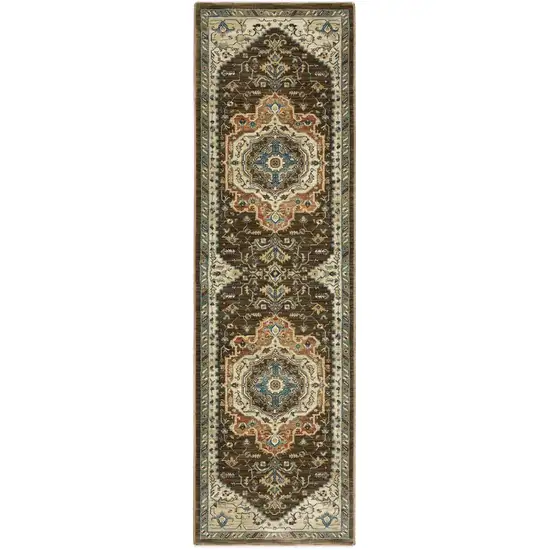 8' Brown And Beige Oriental Runner Rug With Fringe Photo 4