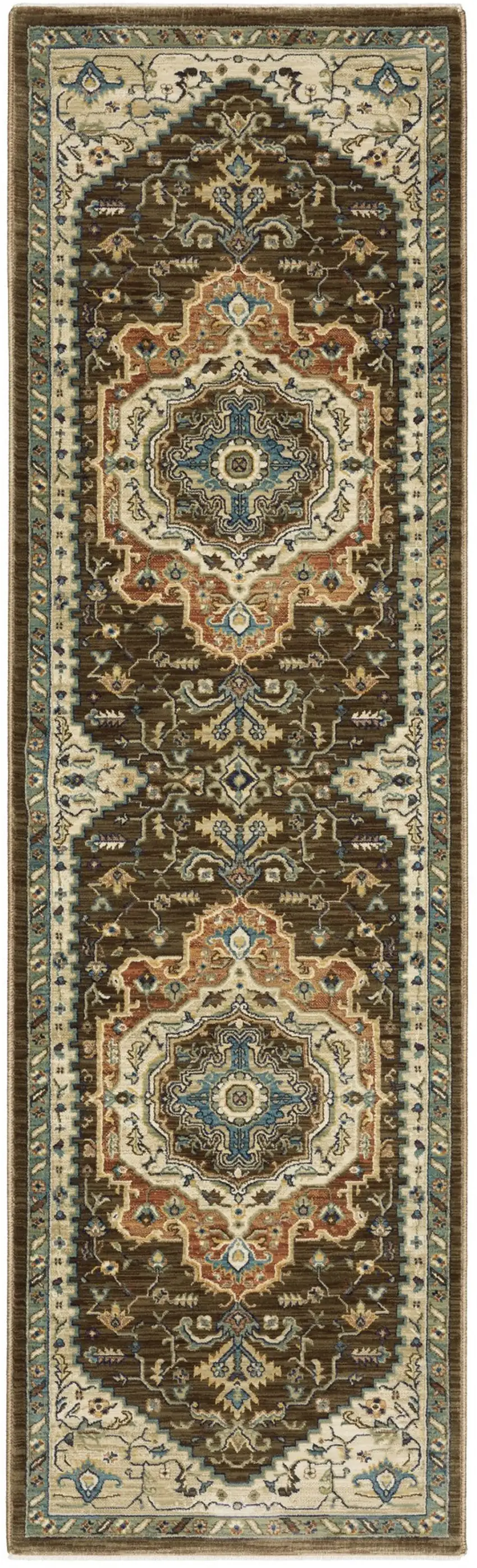 8' Brown And Beige Oriental Runner Rug With Fringe Photo 4