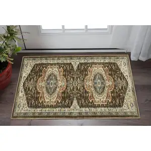 Photo of 8' Brown And Beige Oriental Runner Rug With Fringe