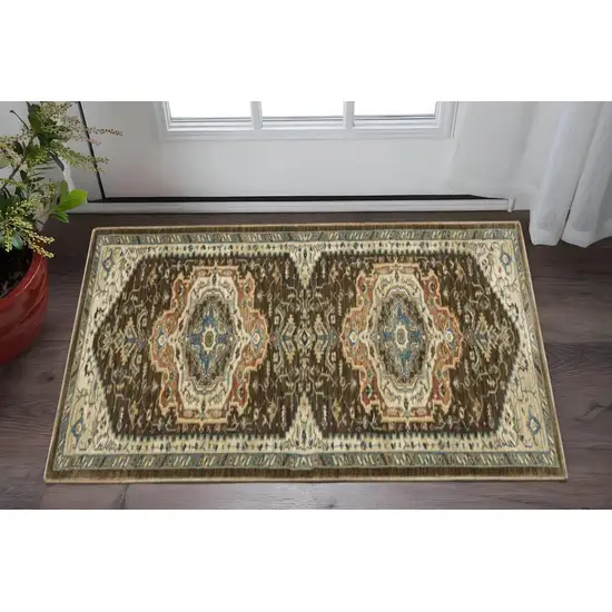 8' Brown And Beige Oriental Runner Rug With Fringe Photo 1