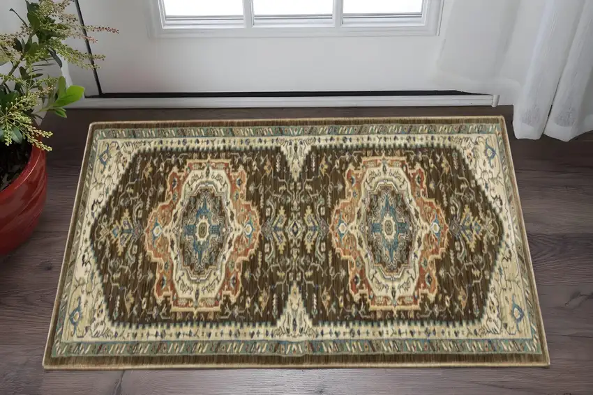 8' Brown And Beige Oriental Runner Rug With Fringe Photo 1