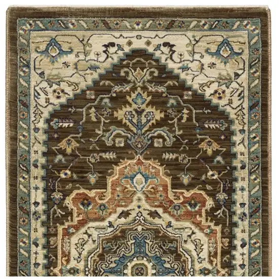 8' Brown And Beige Oriental Runner Rug With Fringe Photo 8