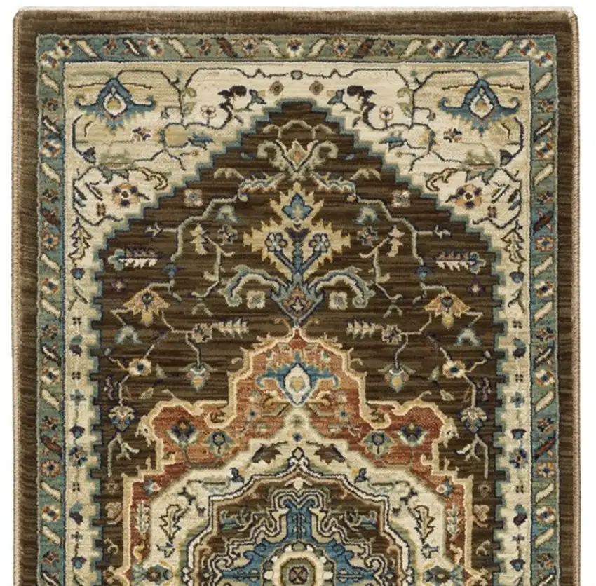 8' Brown And Beige Oriental Runner Rug With Fringe Photo 8