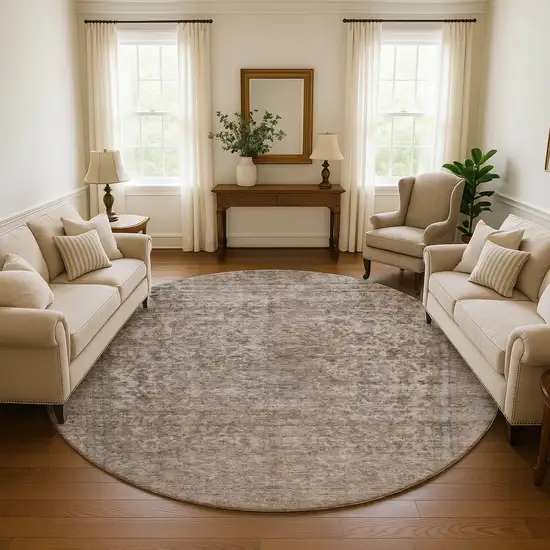 8' Brown And Beige Oriental Washable Round Rug With UV Protection Photo 4