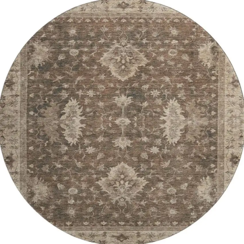 8' Brown And Beige Oriental Washable Round Rug With UV Protection Photo 2