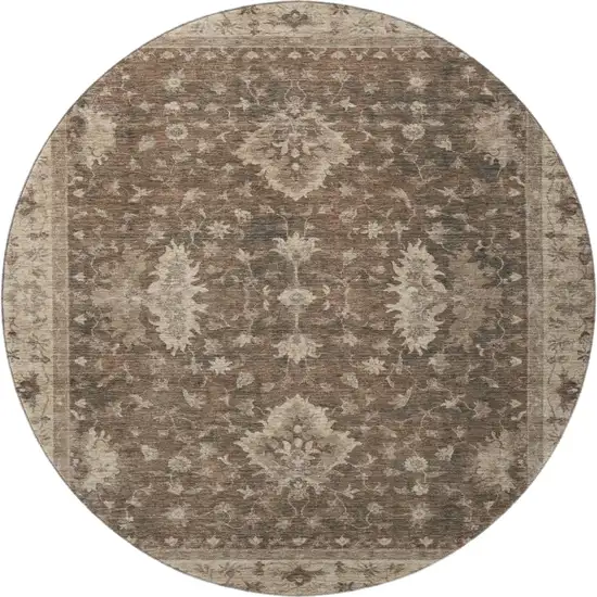8' Brown And Beige Oriental Washable Round Rug With UV Protection Photo 3