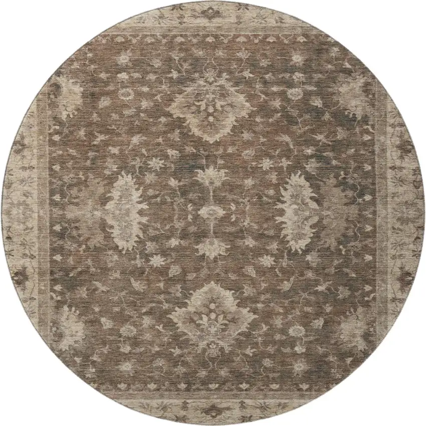 8' Brown And Beige Oriental Washable Round Rug With UV Protection Photo 3
