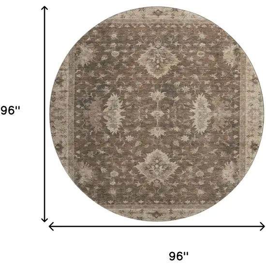 8' Brown And Beige Oriental Washable Round Rug With UV Protection Photo 9