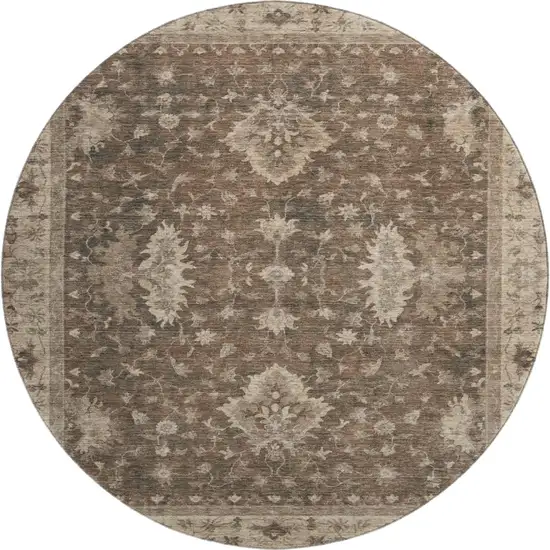8' Brown And Beige Oriental Washable Round Rug With UV Protection Photo 1