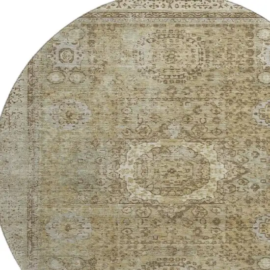 8' Brown And Beige Oriental Washable Round Rug With UV Protection Photo 2