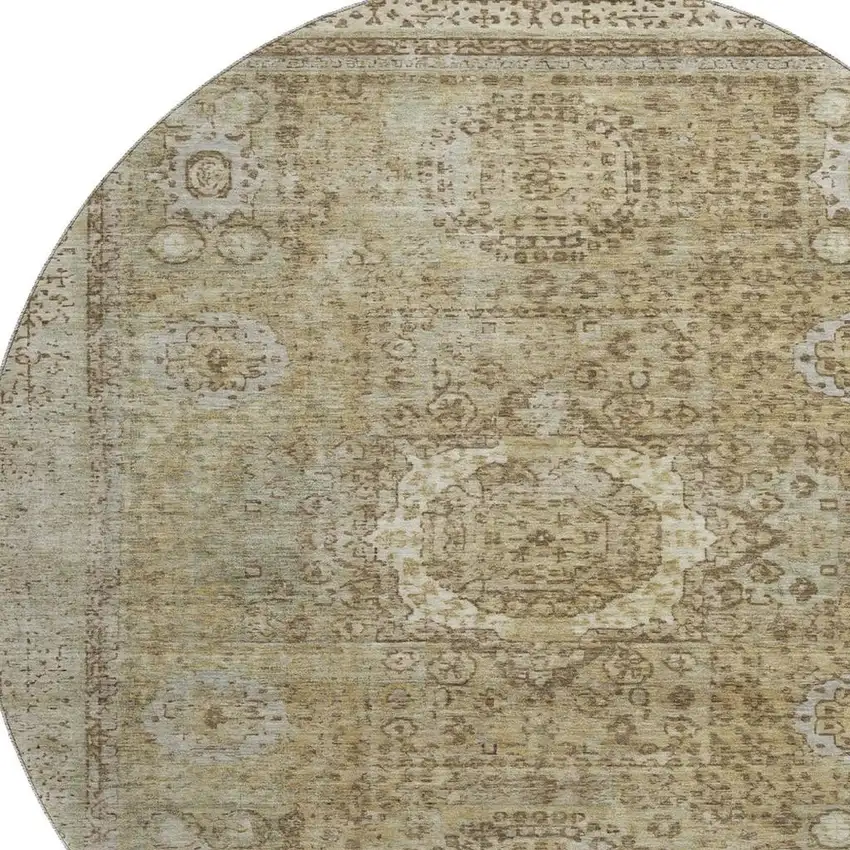 8' Brown And Beige Oriental Washable Round Rug With UV Protection Photo 2