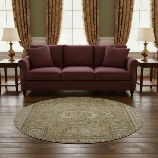 8' Brown And Beige Oriental Washable Round Rug With UV Protection Photo 2