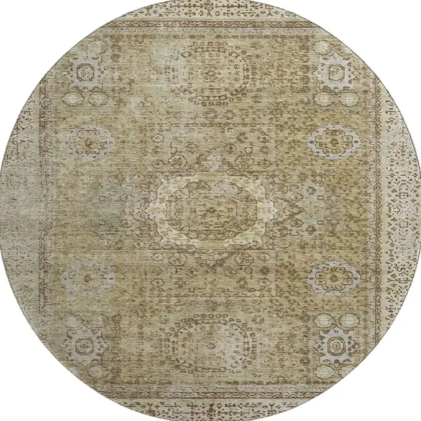 8' Brown And Beige Oriental Washable Round Rug With UV Protection Photo 3
