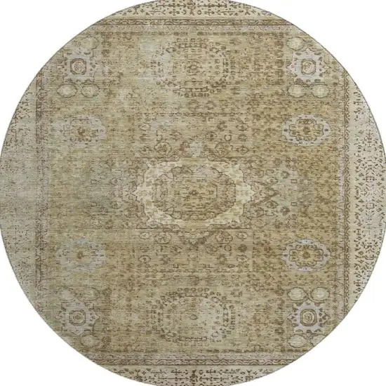 8' Brown And Beige Oriental Washable Round Rug With UV Protection Photo 3
