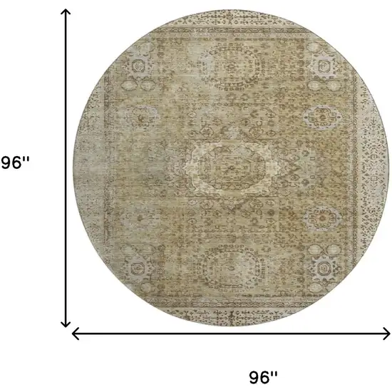 8' Brown And Beige Oriental Washable Round Rug With UV Protection Photo 9