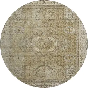 Photo of 8' Brown And Beige Oriental Washable Round Rug With UV Protection