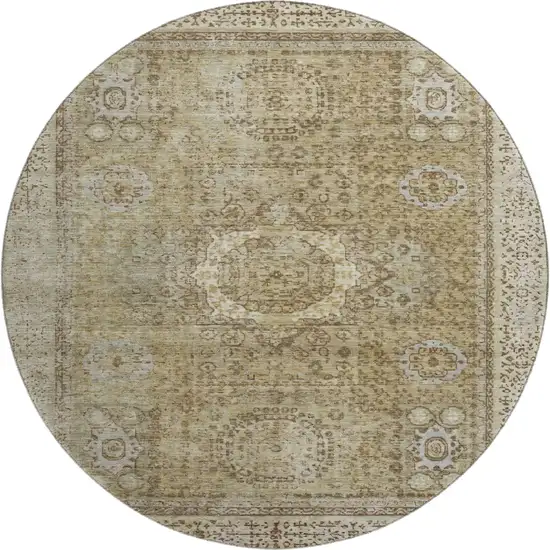 8' Brown And Beige Oriental Washable Round Rug With UV Protection Photo 1