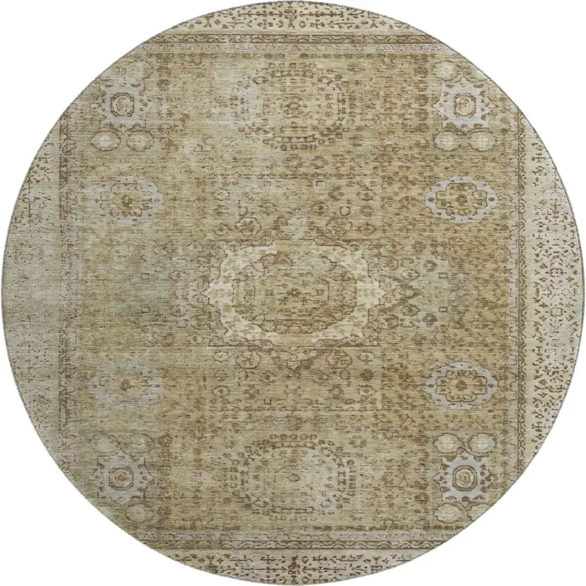8' Brown And Beige Oriental Washable Round Rug With UV Protection Photo 1