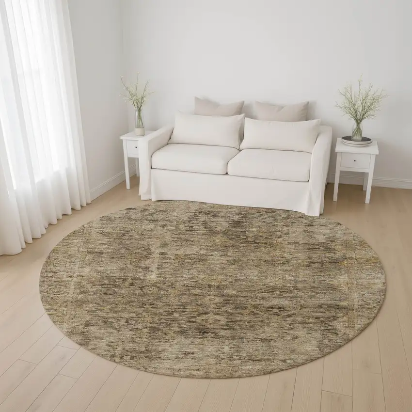 8' Brown And Beige Oriental Washable Round Rug With UV Protection Photo 4