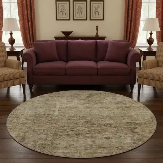 8' Brown And Beige Oriental Washable Round Rug With UV Protection Photo 2