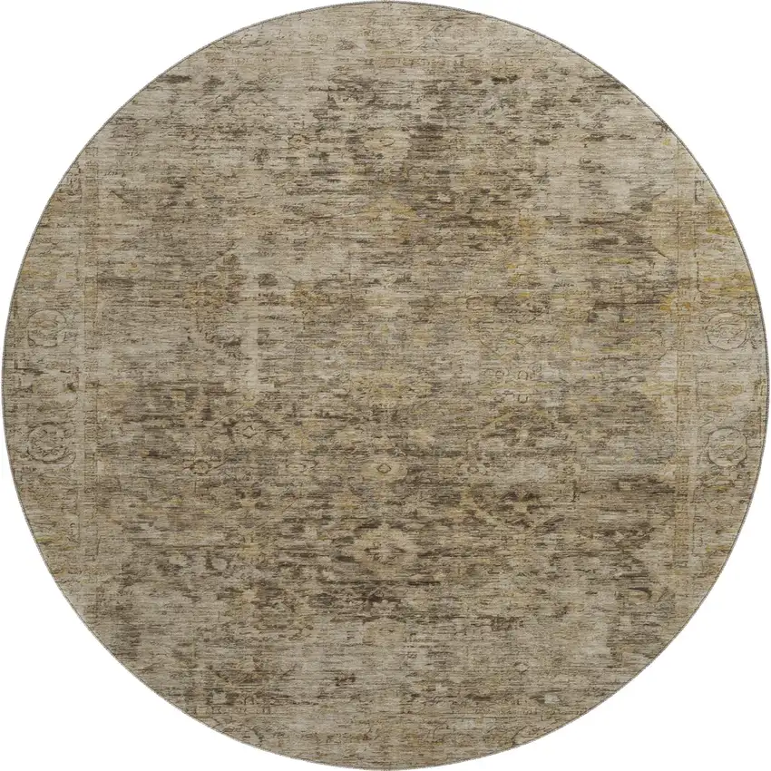 8' Brown And Beige Oriental Washable Round Rug With UV Protection Photo 1