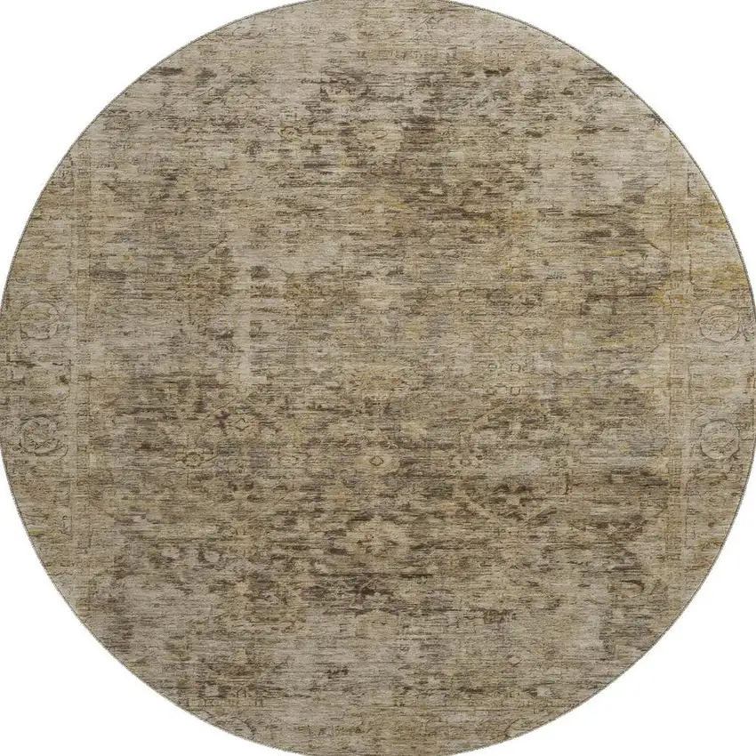 8' Brown And Beige Oriental Washable Round Rug With UV Protection Photo 3