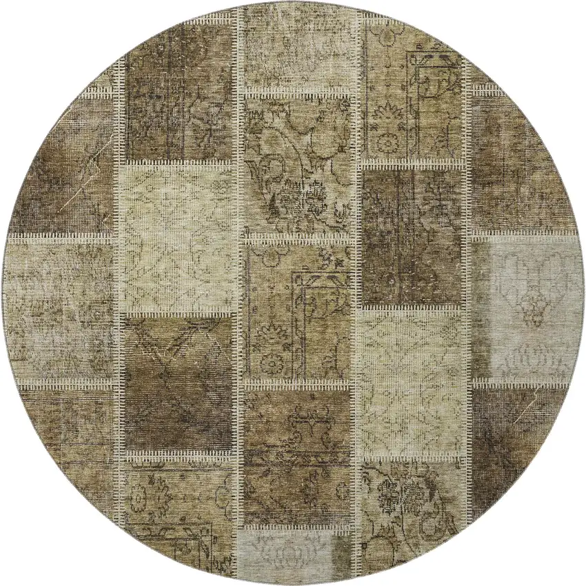 8' Brown And Beige Patchwork Washable Round Rug With UV Protection Photo 4