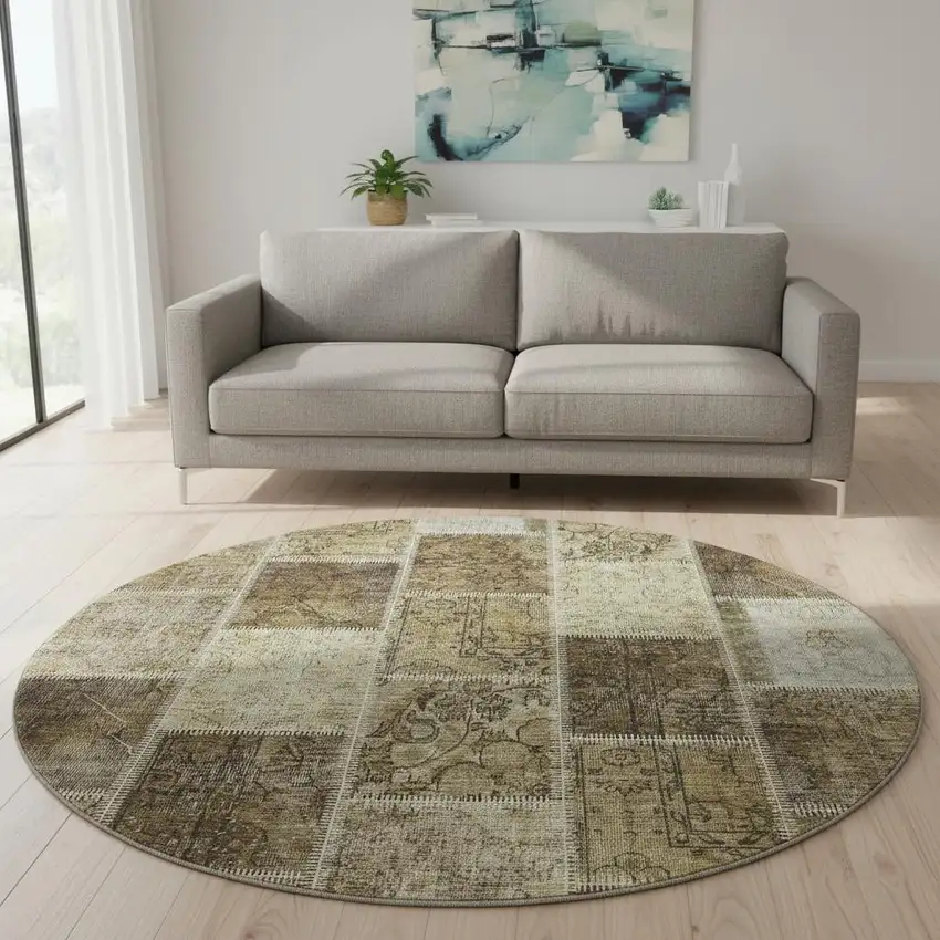 8' Brown And Beige Patchwork Washable Round Rug With UV Protection Photo 2