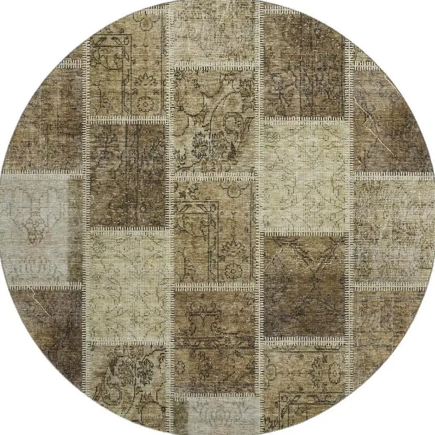 8' Brown And Beige Patchwork Washable Round Rug With UV Protection Photo 3