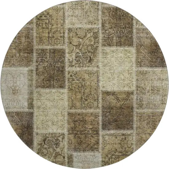 8' Brown And Beige Patchwork Washable Round Rug With UV Protection Photo 1