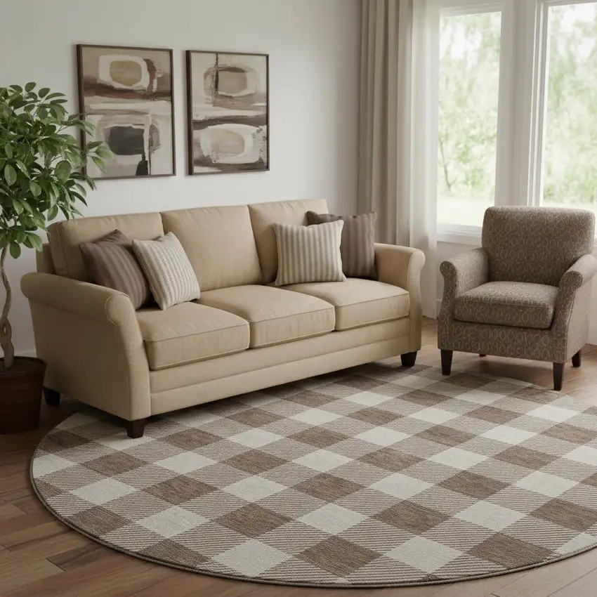 8' Brown And Beige Plaid Washable Round Rug With UV Protection Photo 1