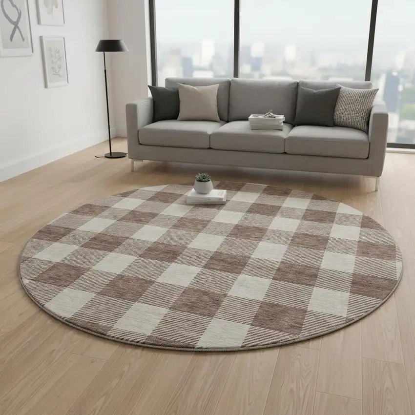 8' Brown And Beige Plaid Washable Round Rug With UV Protection Photo 2