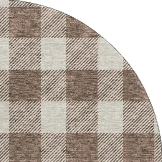 8' Brown And Beige Plaid Washable Round Rug With UV Protection Photo 2