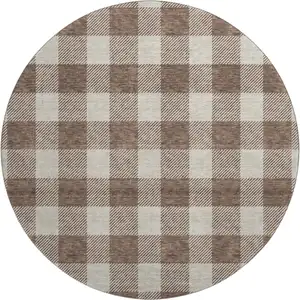 Photo of 8' Brown And Beige Plaid Washable Round Rug With UV Protection