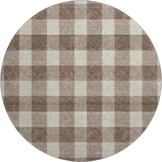 8' Brown And Beige Plaid Washable Round Rug With UV Protection Photo 1