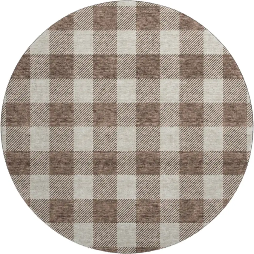 8' Brown And Beige Plaid Washable Round Rug With UV Protection Photo 1