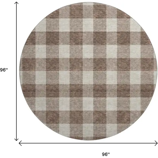 8' Brown And Beige Plaid Washable Round Rug With UV Protection Photo 9