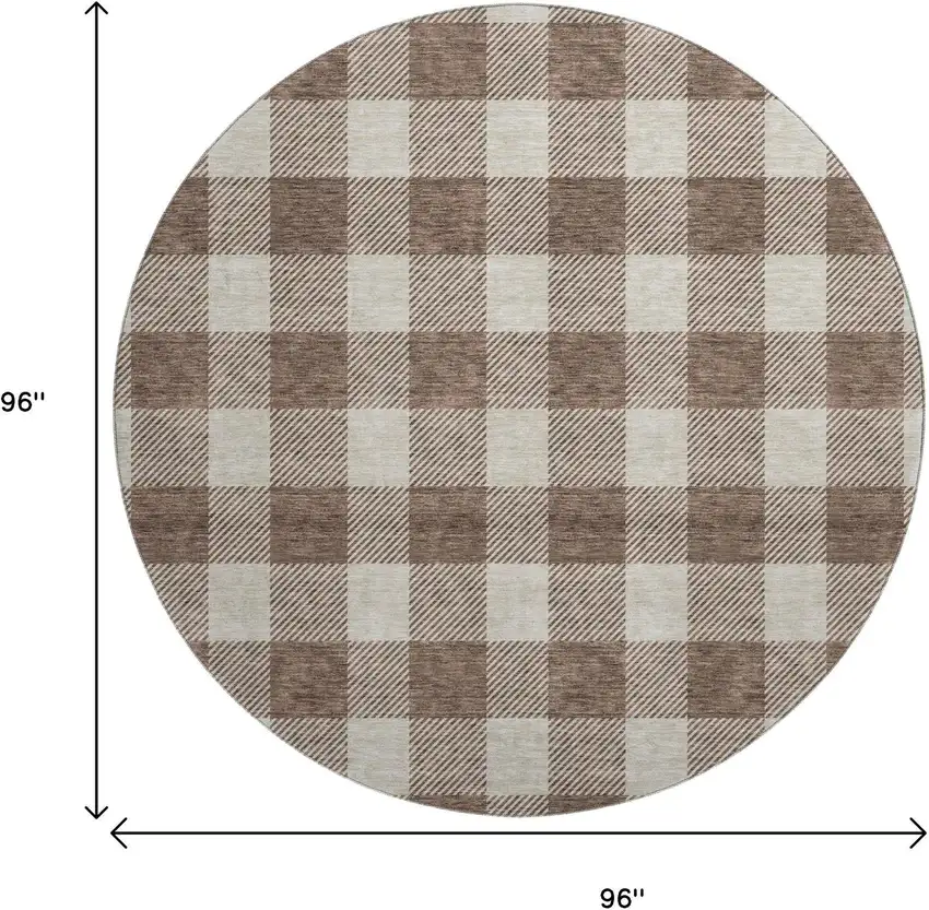 8' Brown And Beige Plaid Washable Round Rug With UV Protection Photo 9