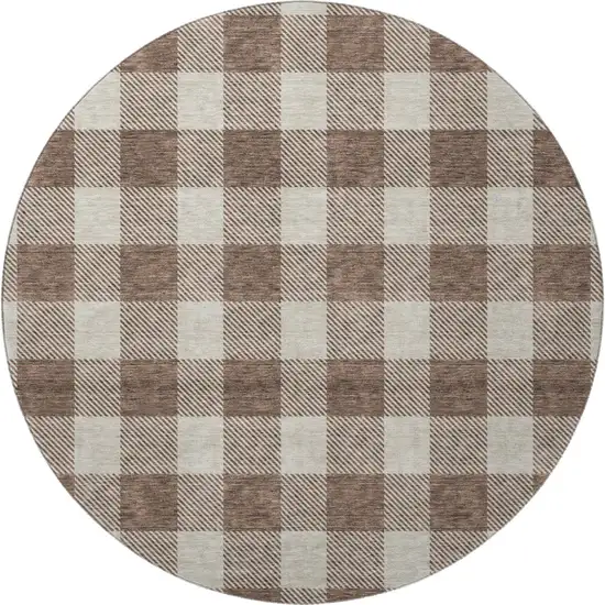 8' Brown And Beige Plaid Washable Round Rug With UV Protection Photo 3